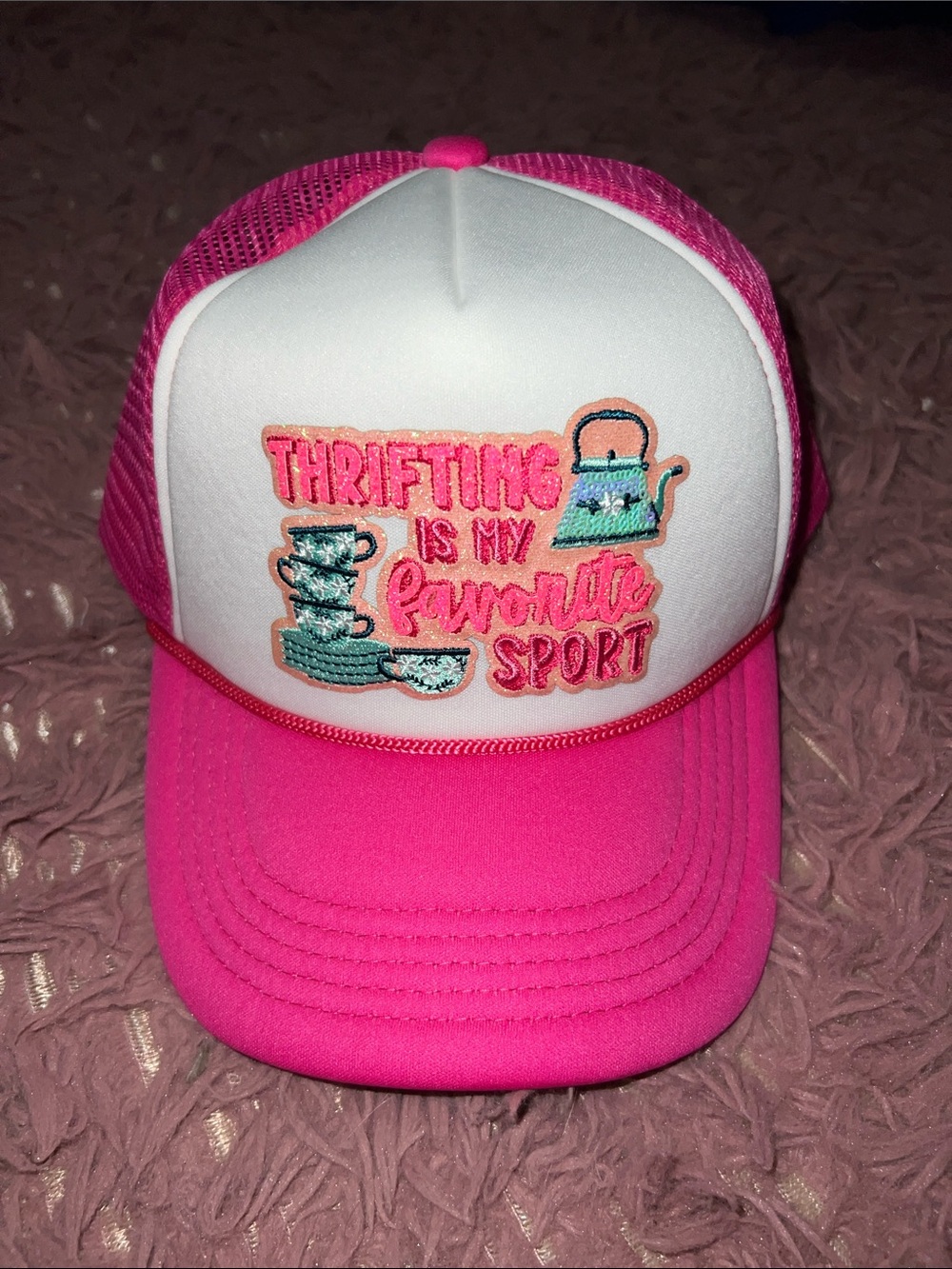 NWOT Pink and White Trucker Hat - "Thrifting Is My Favorite Sport"